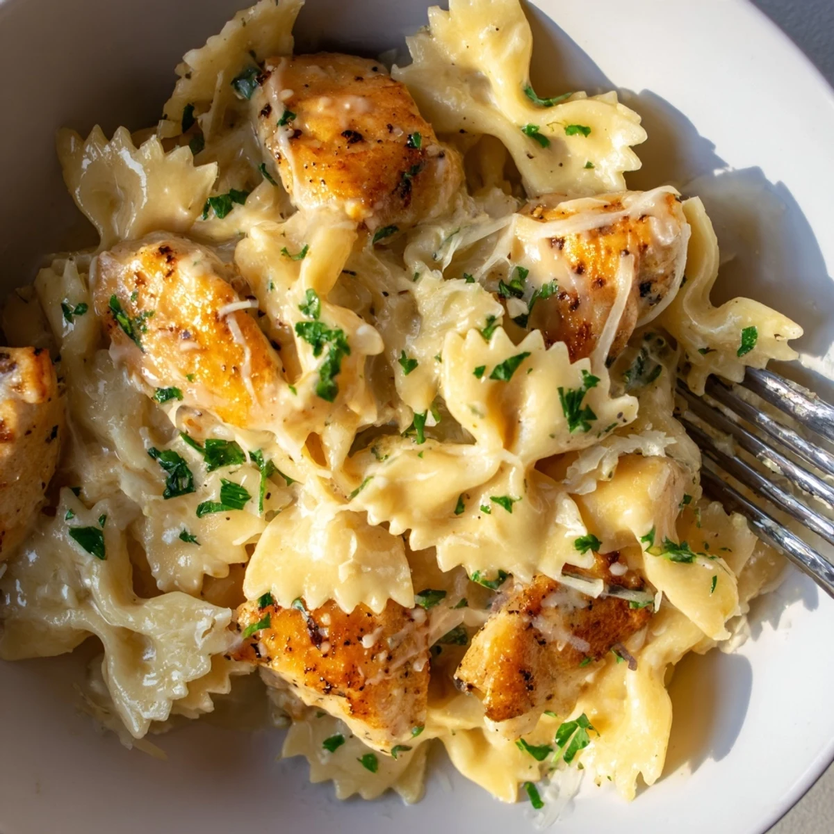 Delicious pasta and tender chicken in a rich garlic butter sauce, perfect for dinner.  