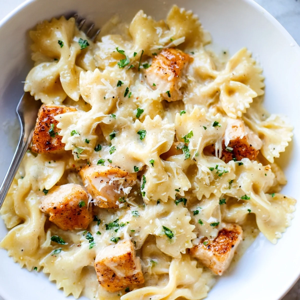 Savory Mozzarella Garlic Butter Chicken Bowties, topped with melted cheese and fresh herbs.