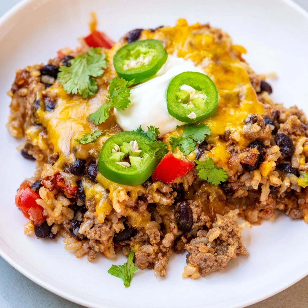 Hearty Tex-Mex Beef & Rice Casserole topped with melty cheese and vibrant garnishes.  