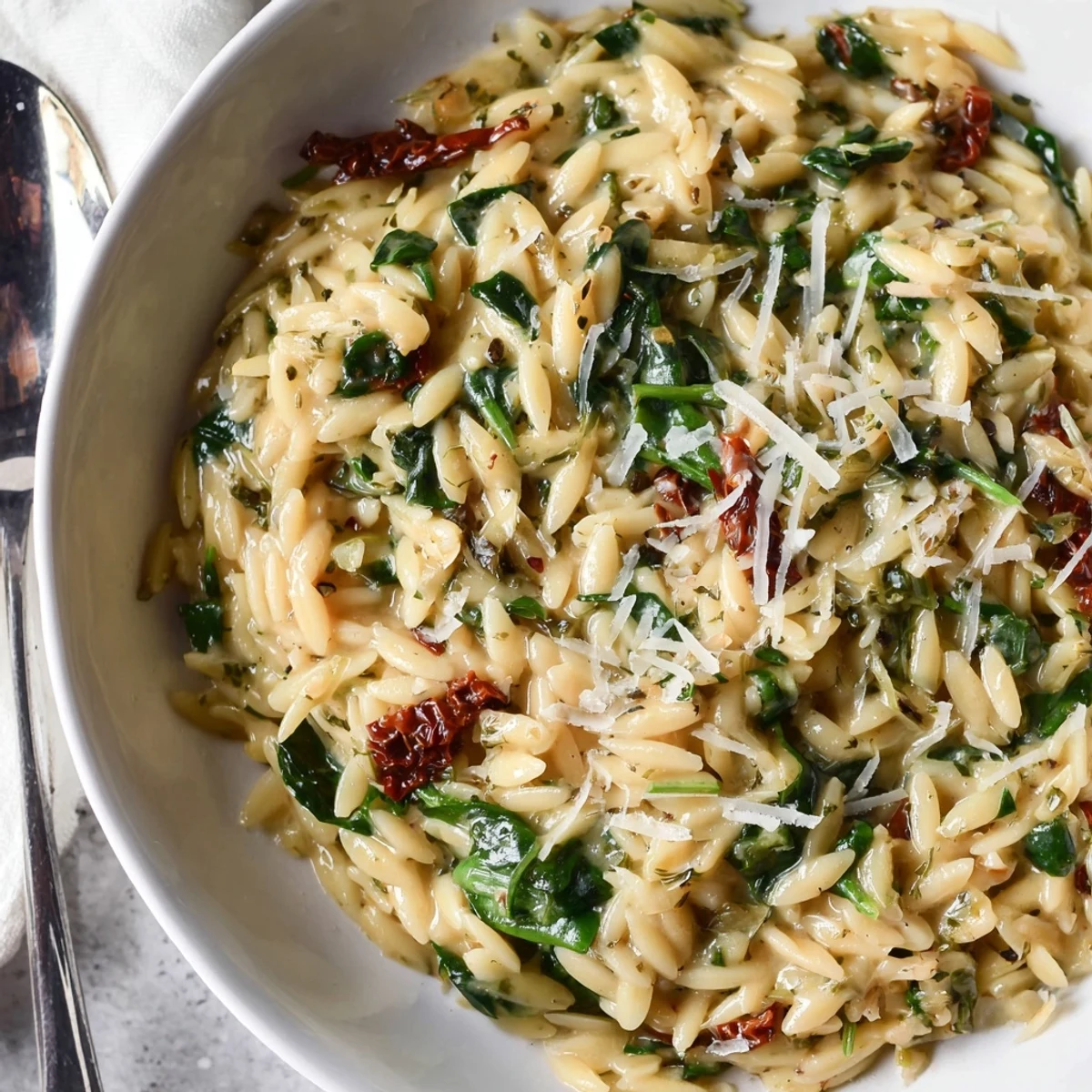 Indulge in this comforting Creamy Tuscan Orzo Bowl, rich with garlic and Parmesan.  