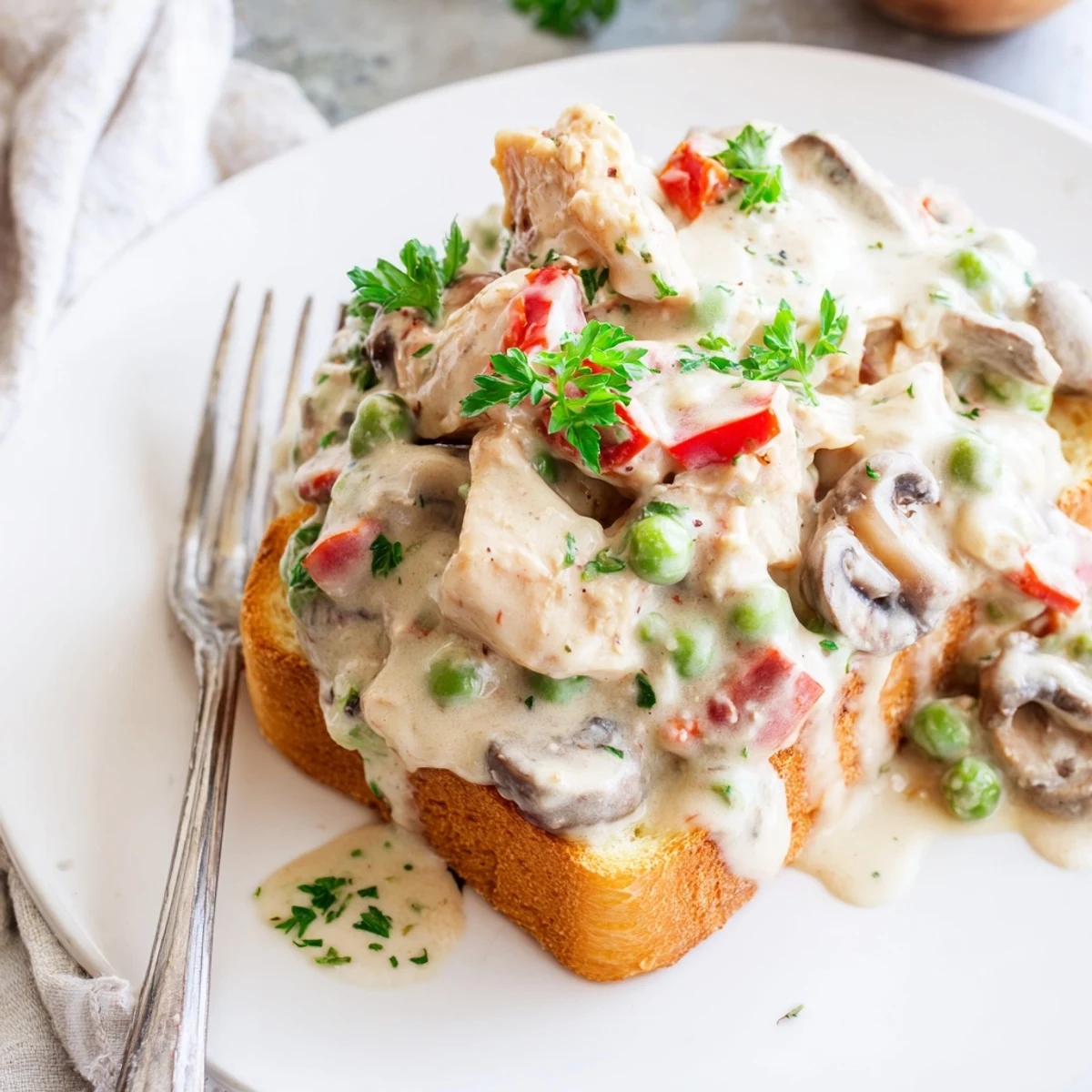 Creamy chicken à la king on golden toast, garnished with fresh parsley.  