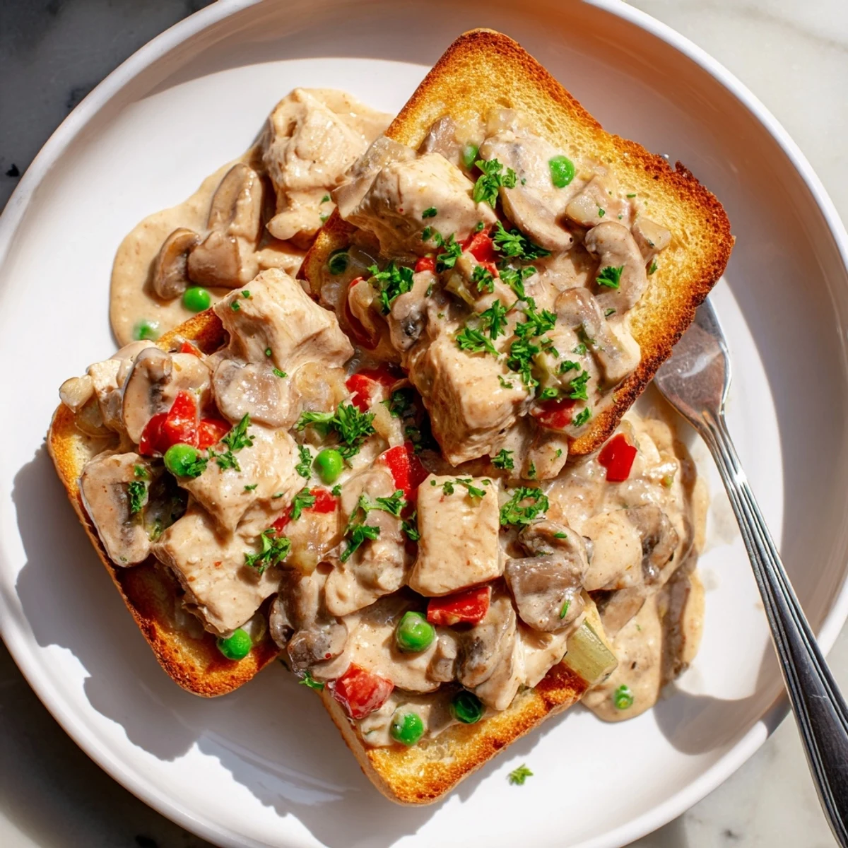Hearty chicken à la king, rich sauce with mushrooms atop toasted bread.
