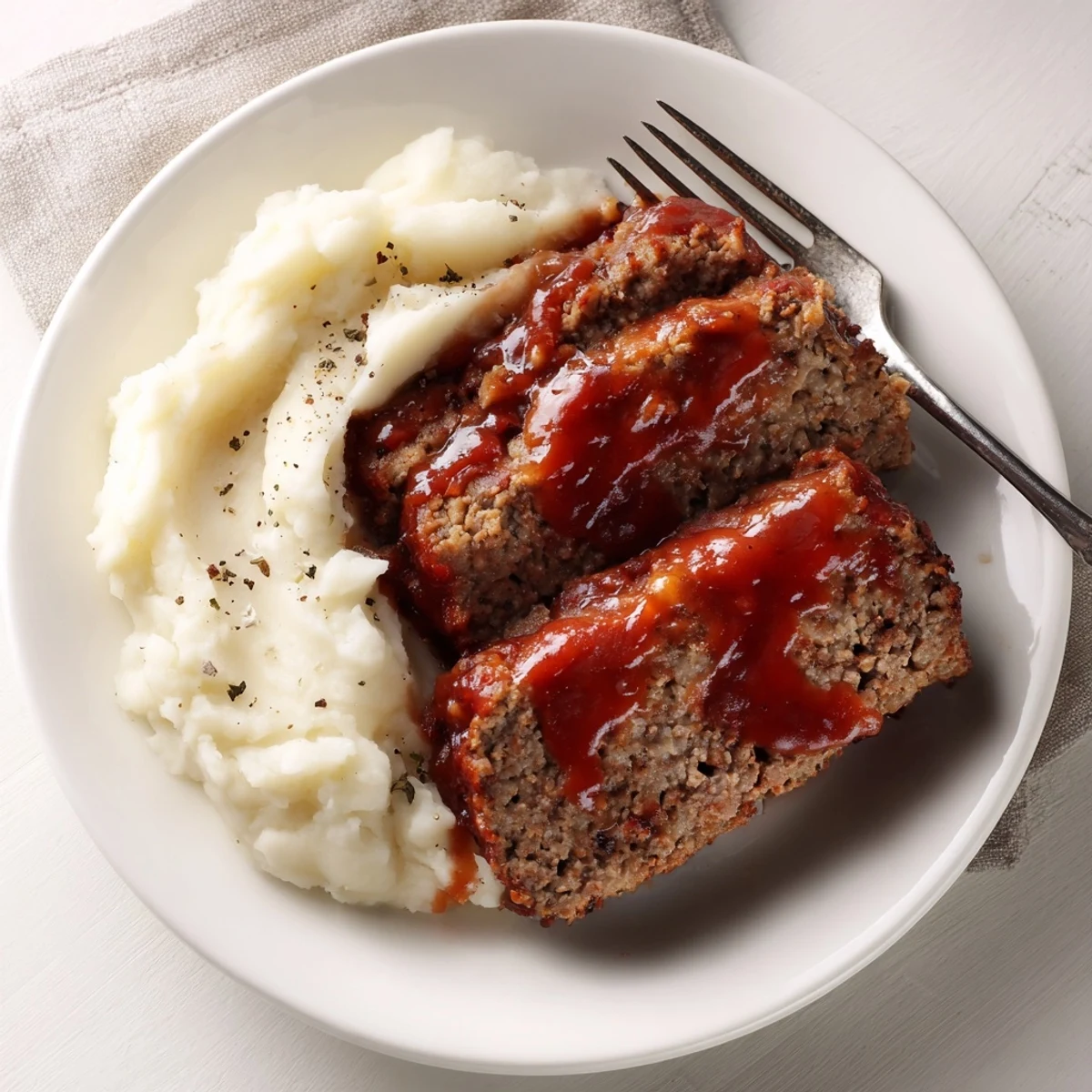 Classic Meatloaf & mashed potatoes served on a rustic wooden table, steaming hot.  