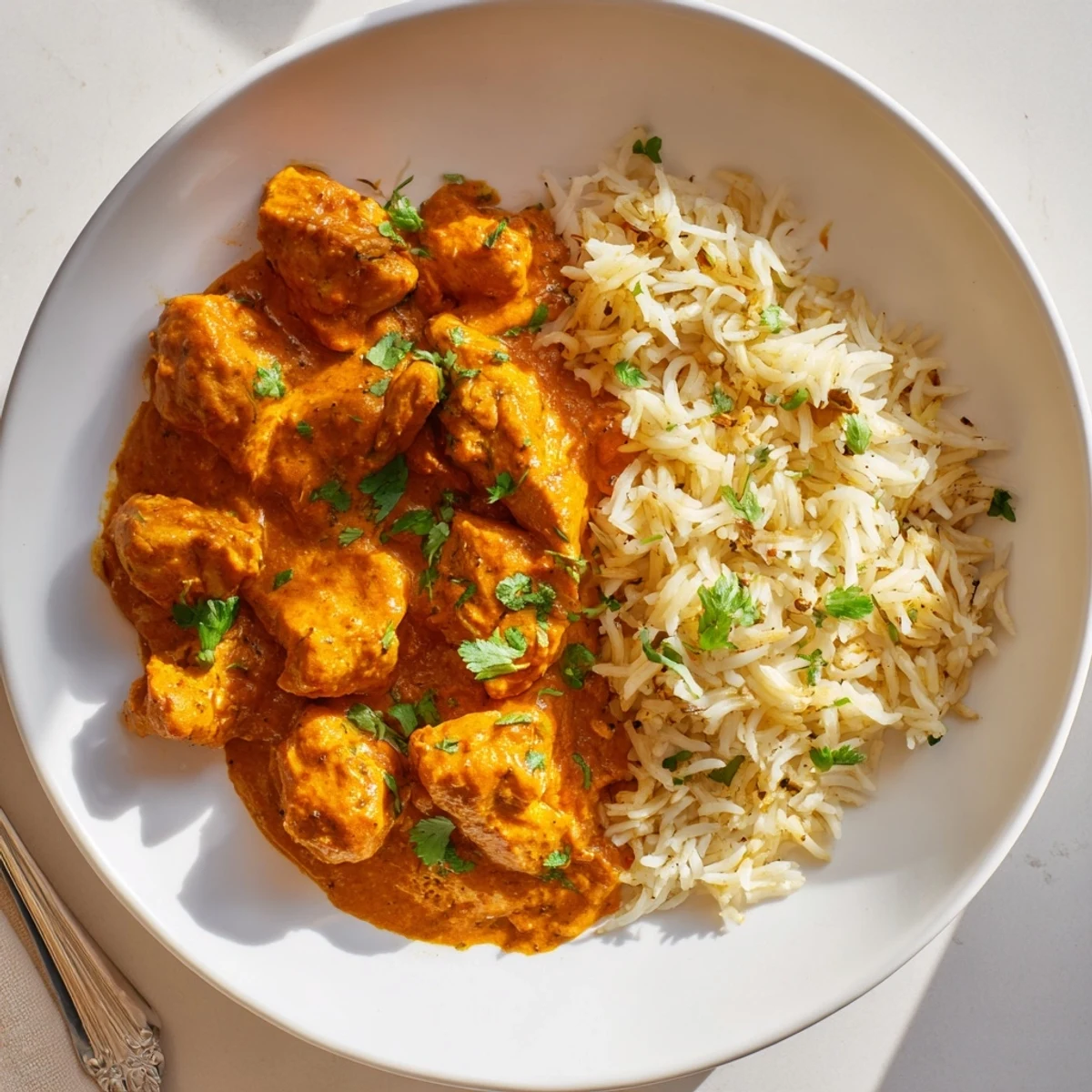 Tender butter chicken simmered in creamy sauce, served with fragrant rice pilaf.  