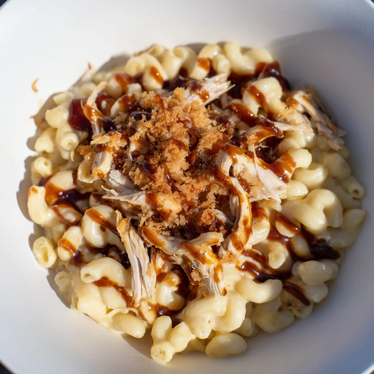 A bubbling casserole of classic Mac & Cheese with BBQ Chicken, golden crust and tender chicken.