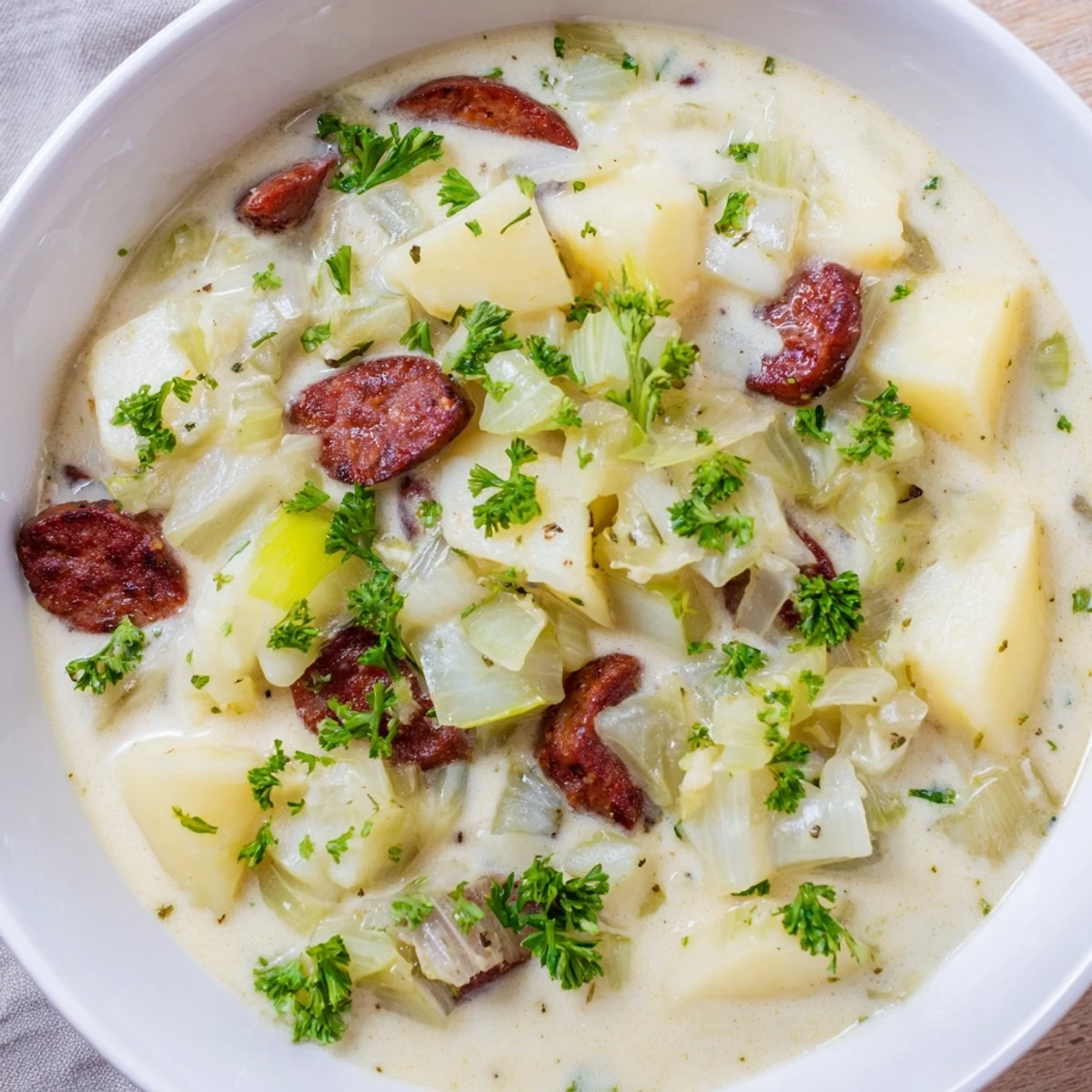 Enjoy the comforting aroma of Potato, Leek & Chorizo Soup, perfect for a cozy dinner with crusty bread.