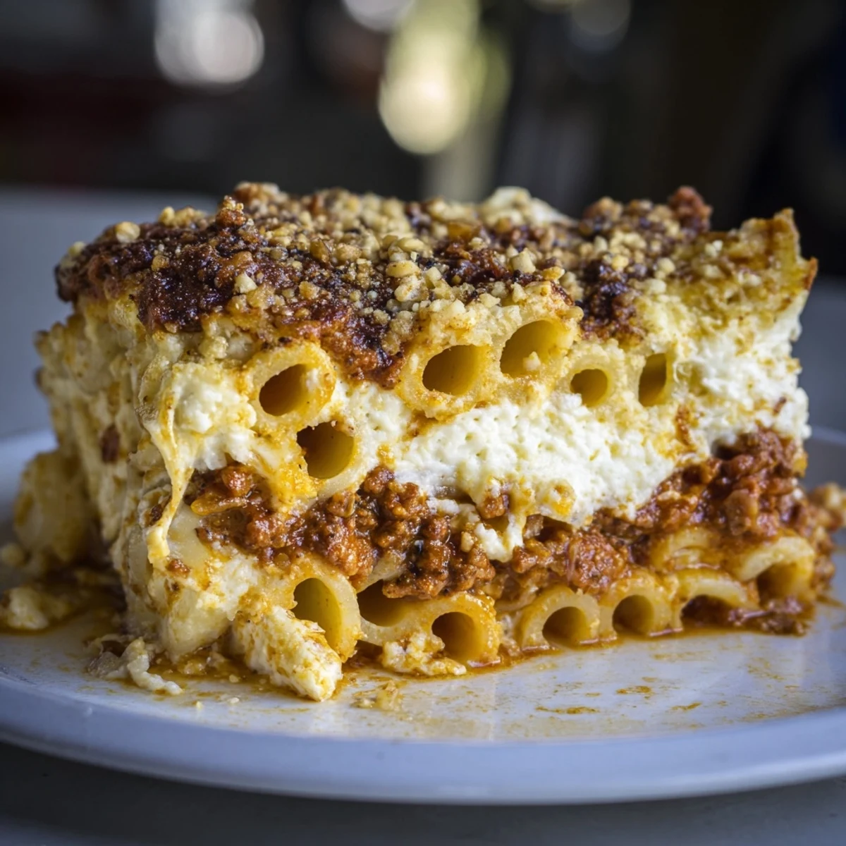 A delicious, steaming slice of Greek Pastitsio with perfectly baked top and creamy layers.