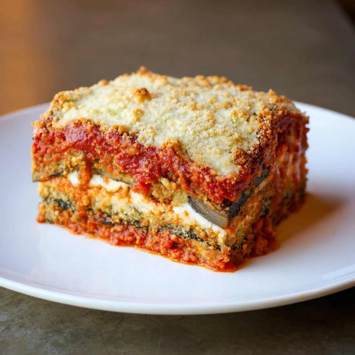 Golden-brown Eggplant Parmesan Lasagna, layered with creamy cheese and rich marinara sauce, steaming hot.