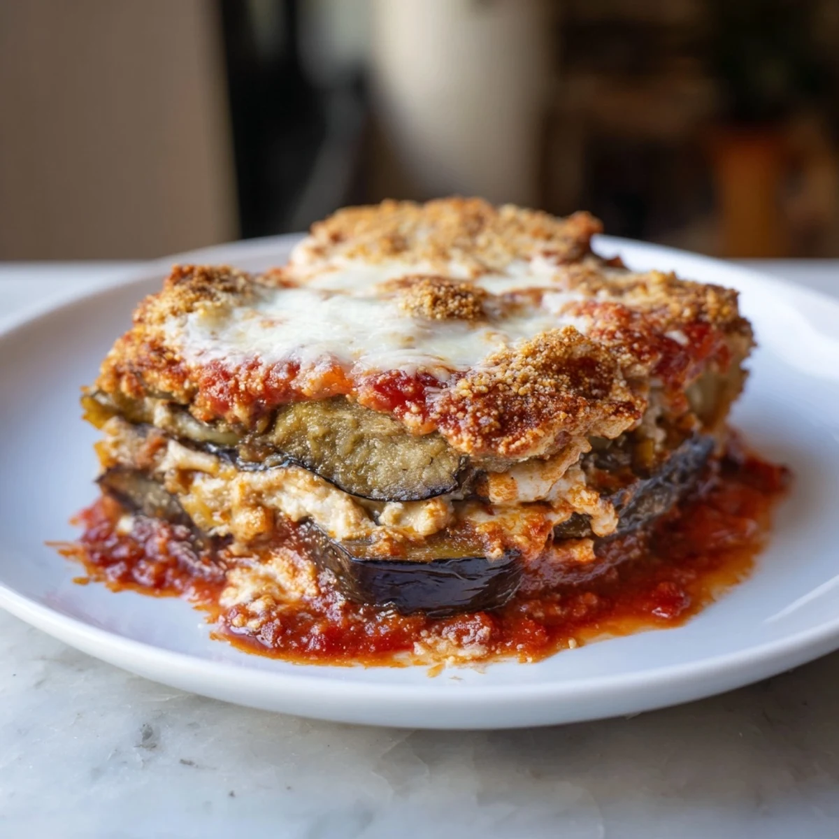 A bubbling slice of Eggplant Parmesan Lasagna reveals tender eggplant and melted mozzarella, perfect for dinner.