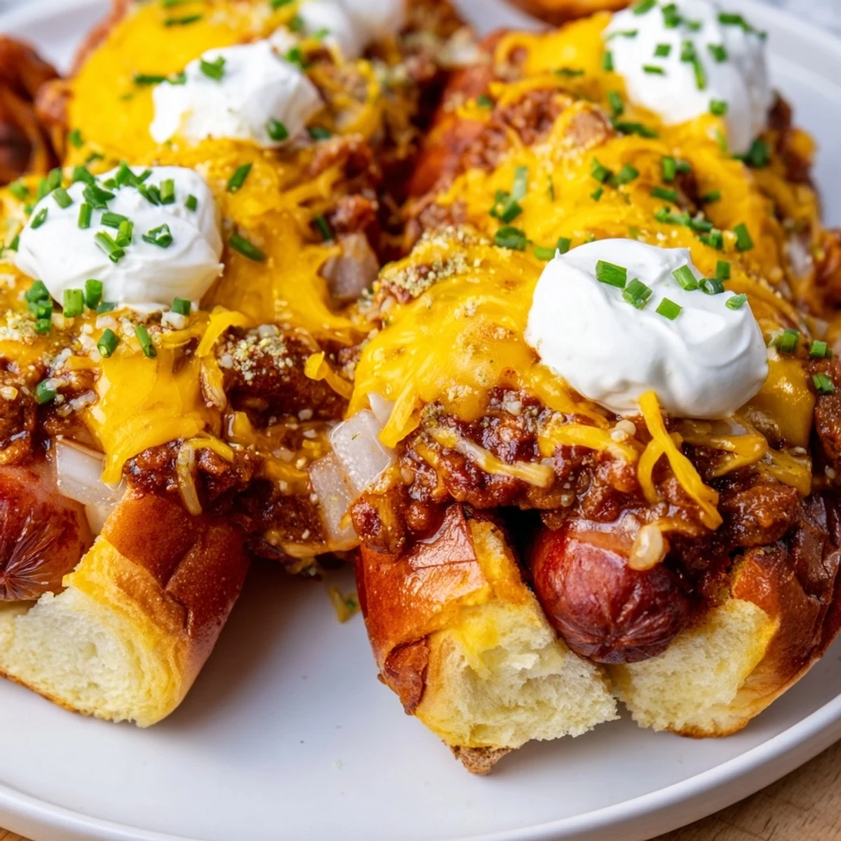 Chili Dog Casserole, bubbling with melted cheddar cheese and savory chili, ready to serve.