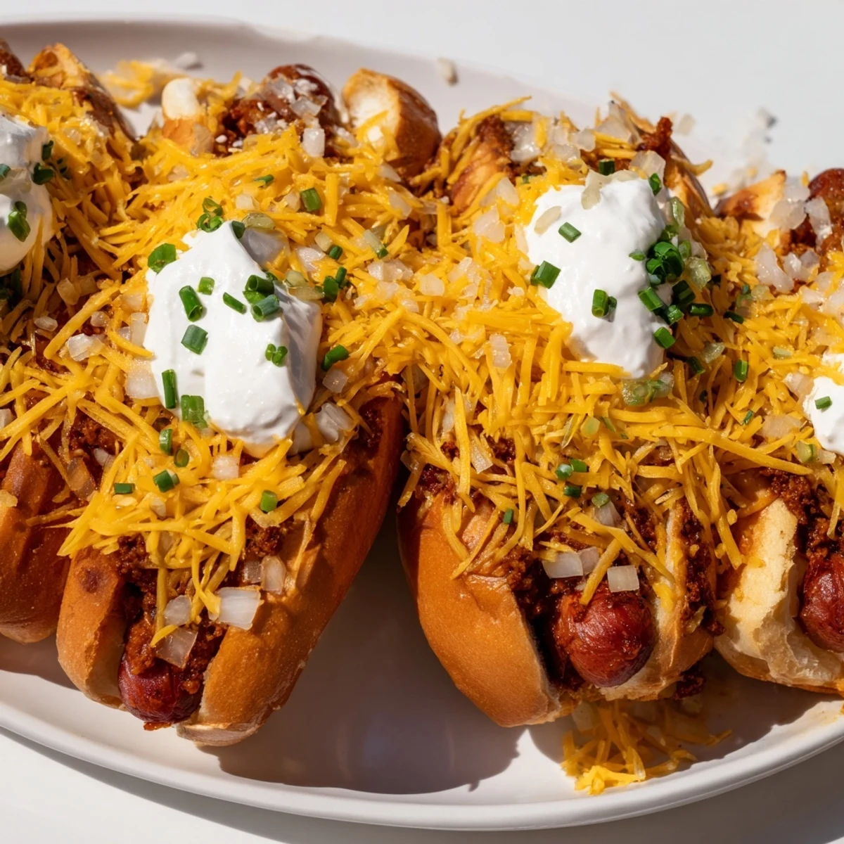 A close-up of a delicious Chili Dog Casserole, showing hot dogs beneath a blanket of cheese.