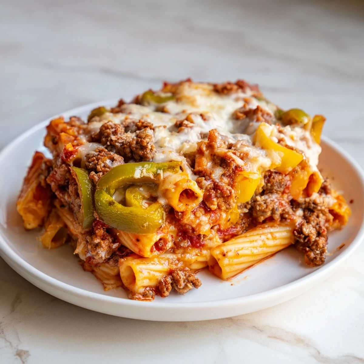 Warm, bubbling Baked Rigatoni with Sausage & Peppers, cheese golden brown, ready for a hearty dinner.