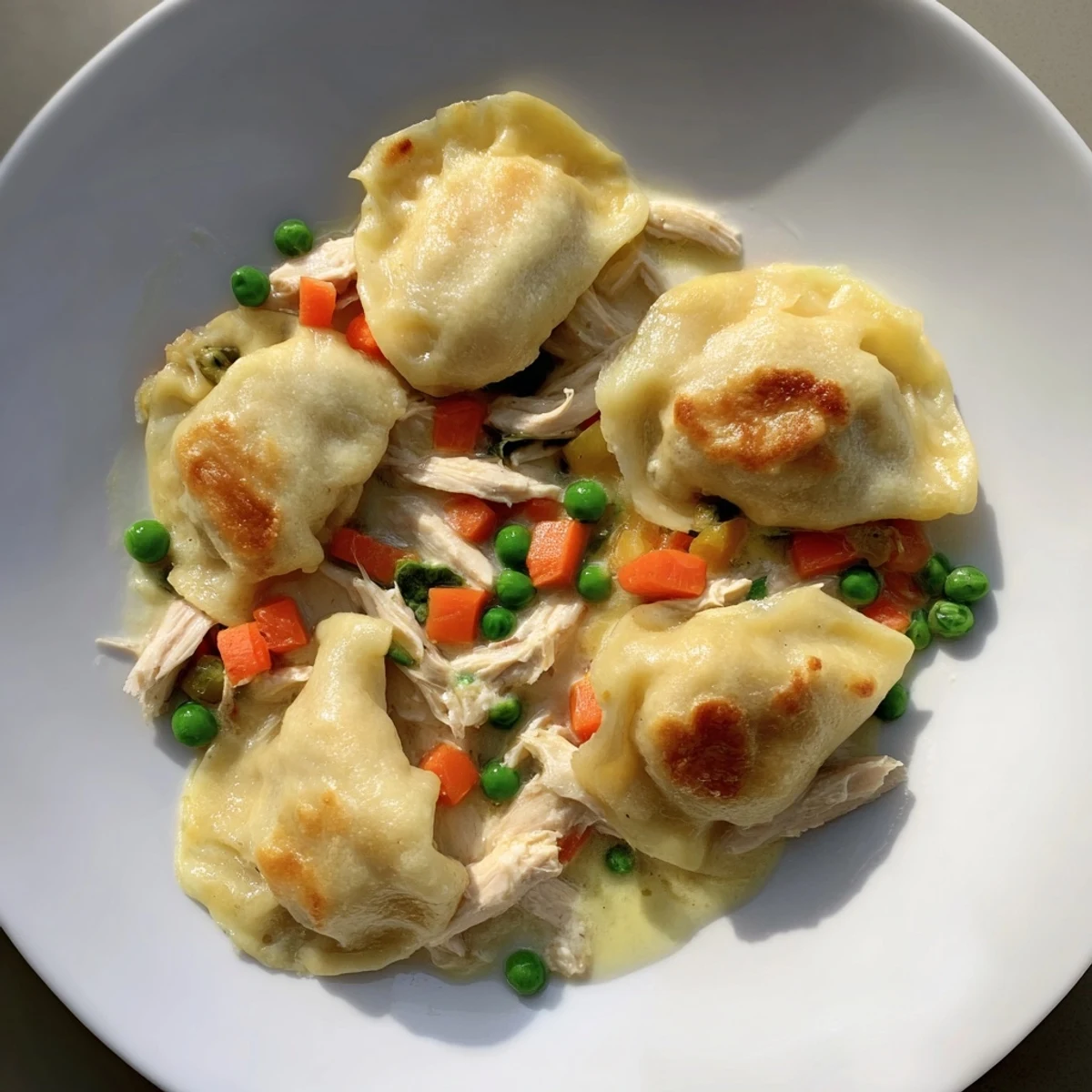 Fluffy, baked dumplings sit atop a creamy Chicken and Dumplings Casserole, perfect for a cozy dinner.