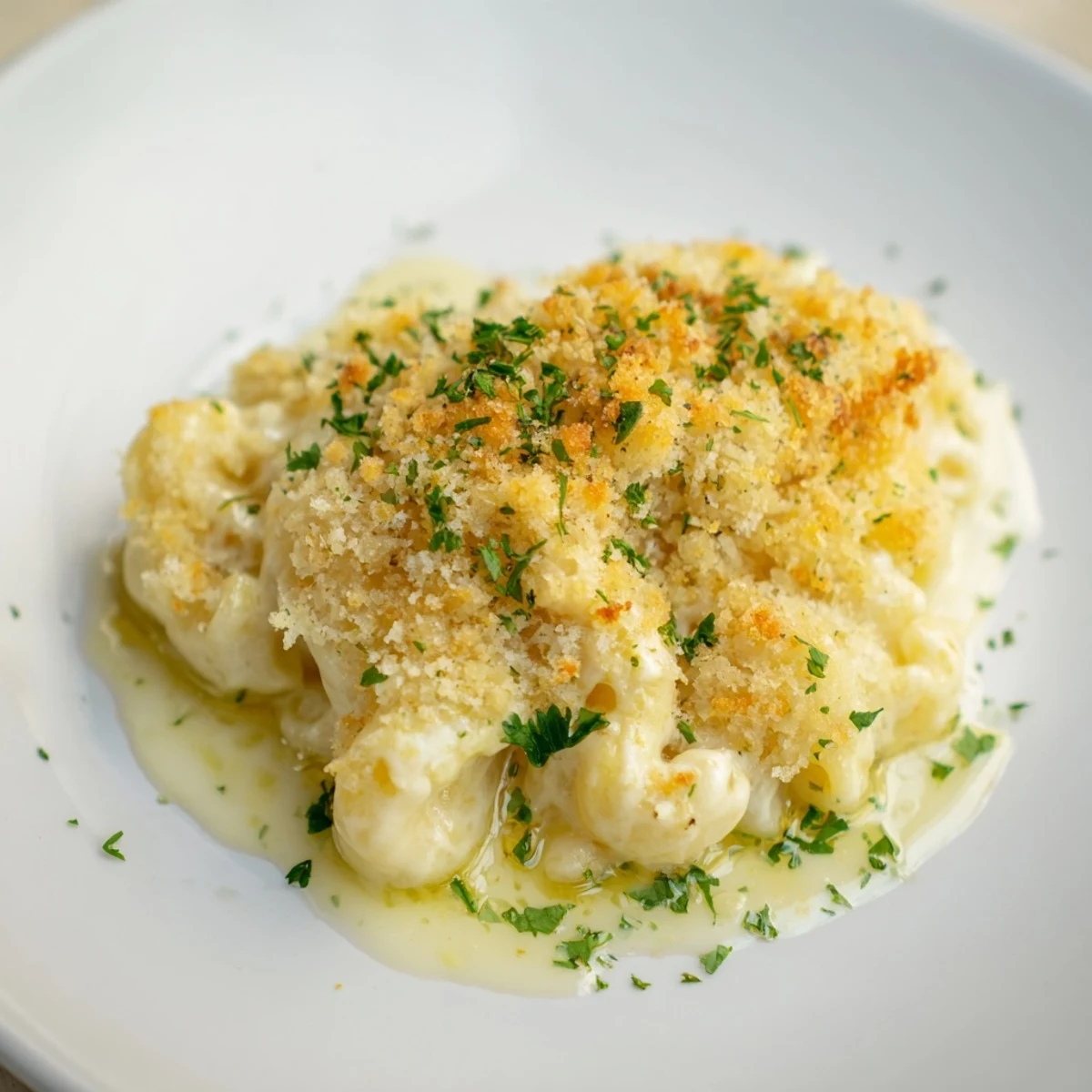 Golden, bubbly Truffle Macaroni & Cheese with crispy breadcrumb topping, a luxurious vegetarian dinner.