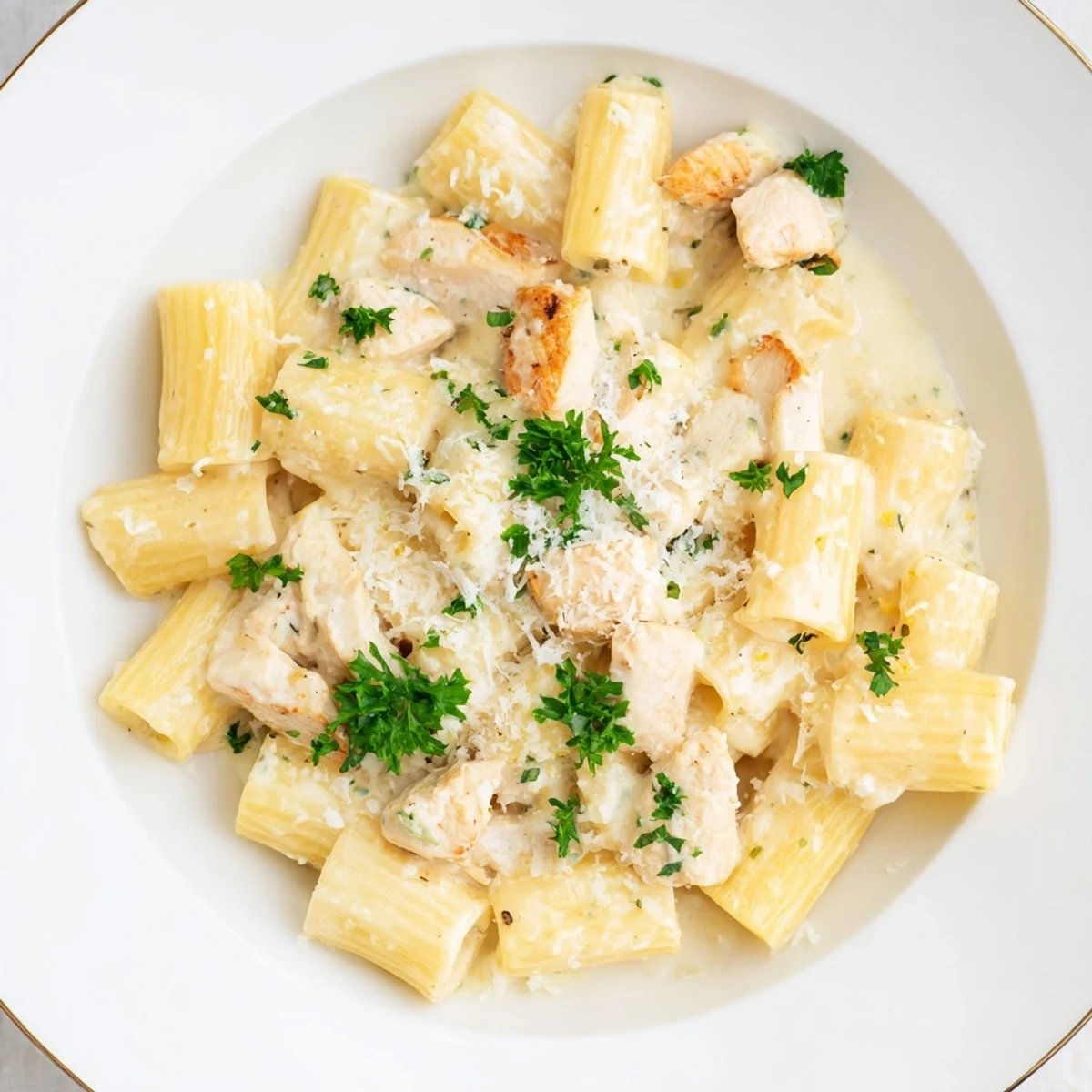 A close-up shot of Creamy Garlic Parmesan Chicken Rigatoni, highlighting the cheesy sauce and delicious pasta.
