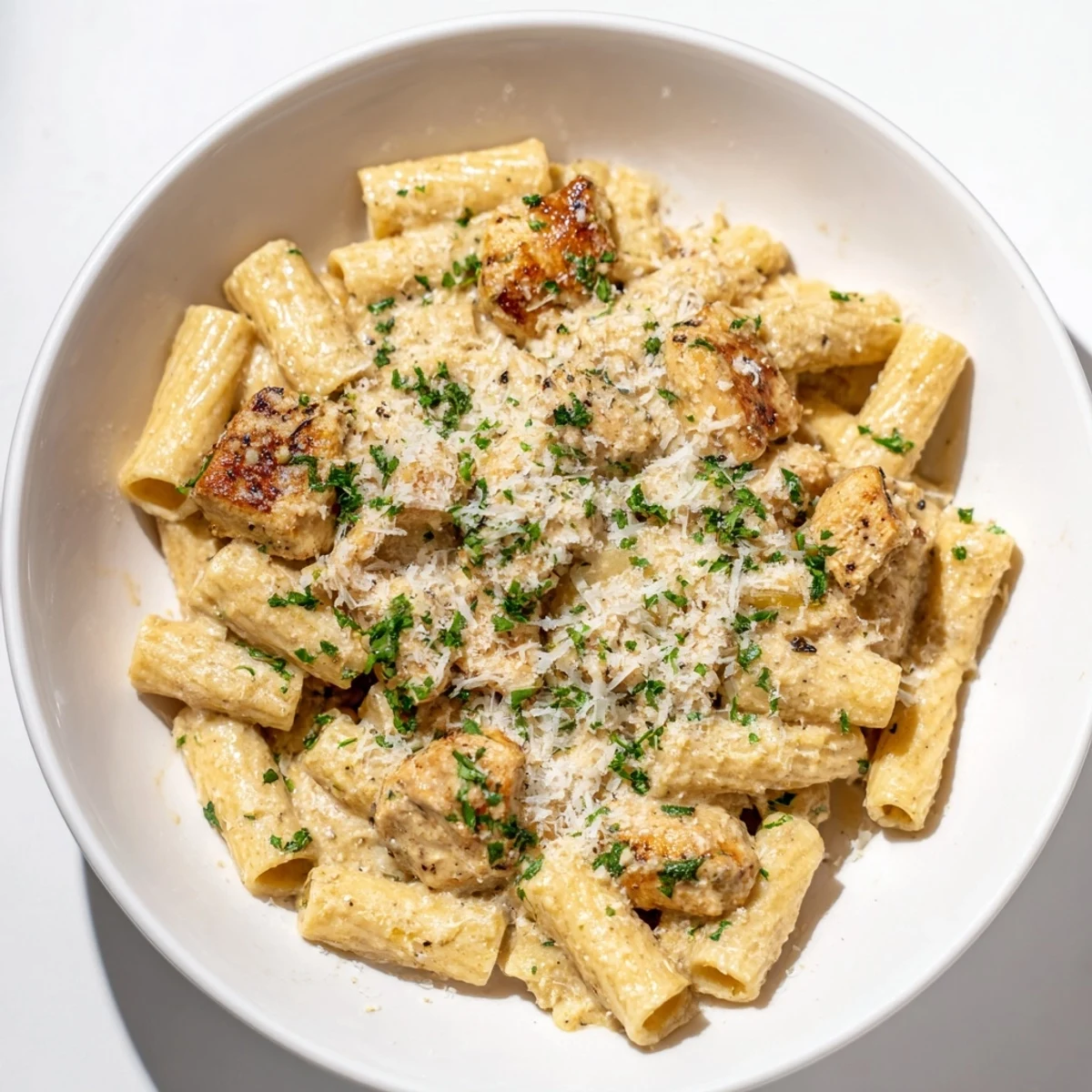 Tender chicken and perfectly cooked rigatoni coated in a luscious Creamy Garlic Parmesan sauce, garnished with parsley.