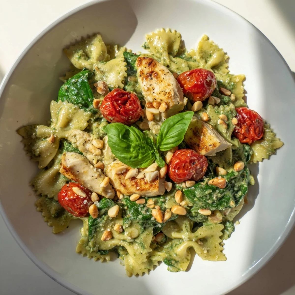 Creamy pesto chicken bowtie pasta with vibrant tomatoes, perfect for Italian-American comfort food.