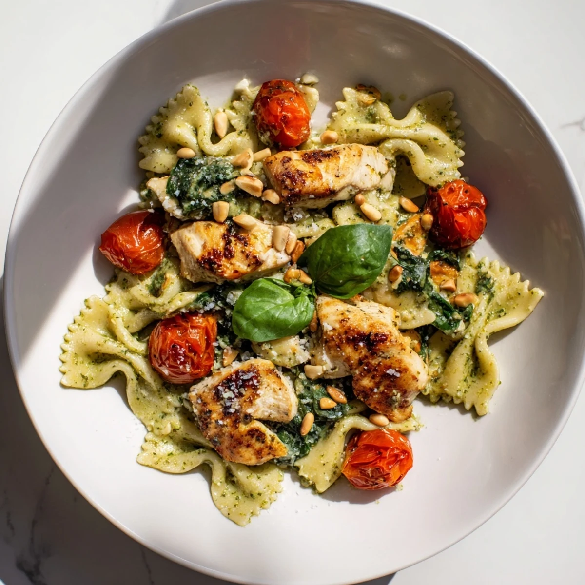 A close-up of pesto chicken bowtie pasta, showcasing tender chicken and creamy pesto sauce, ready to eat.