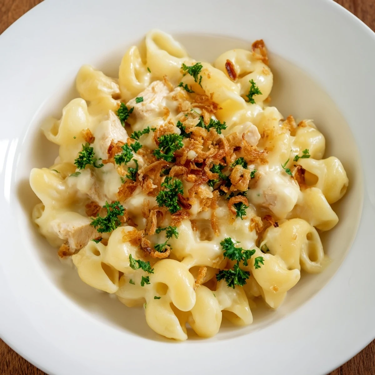 A close-up of creamy One-Pot Honey BBQ Chicken Mac and Cheese, topped with fresh parsley.