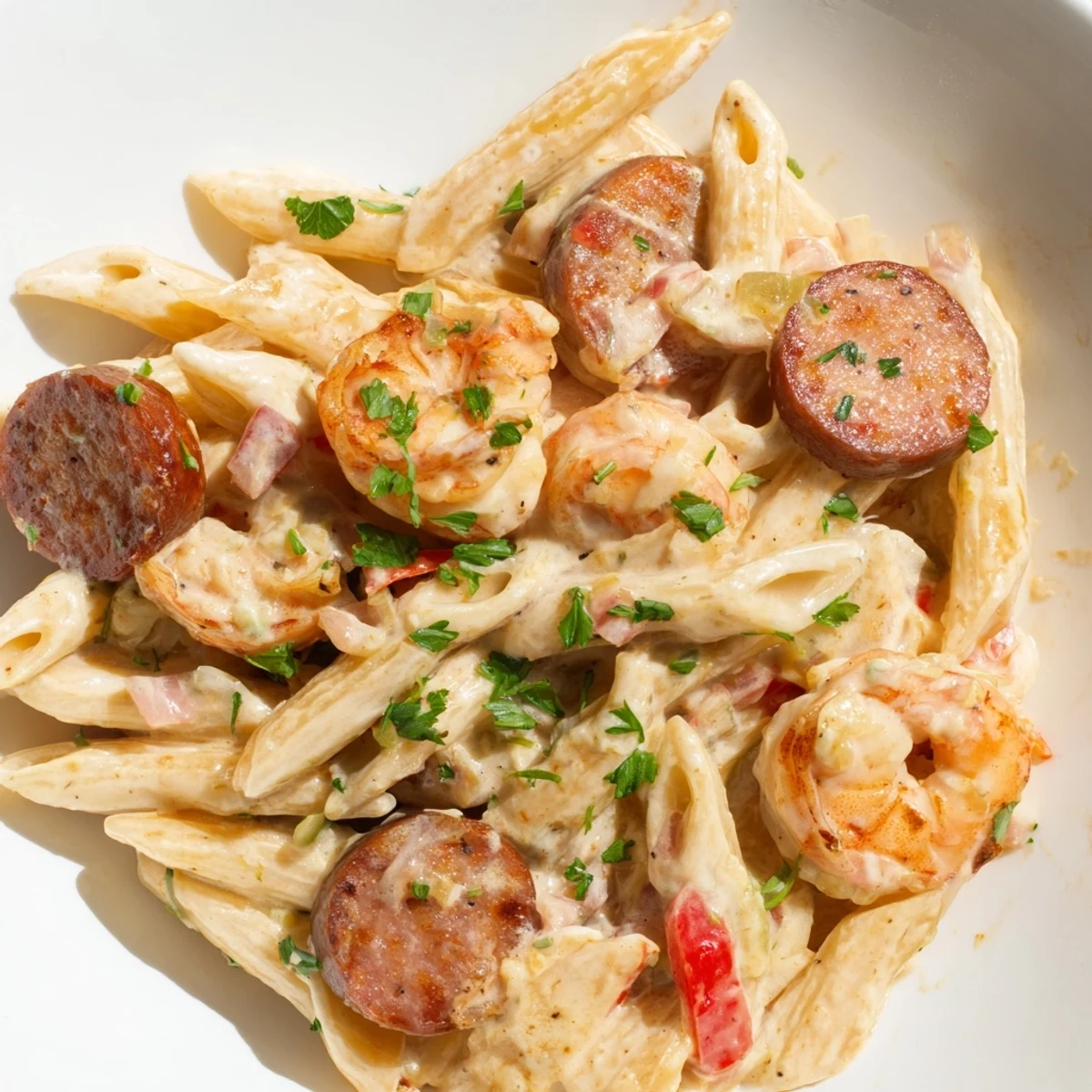 Cajun Sausage & Shrimp Alfredo Pasta Skillet sizzling in a skillet, showcasing shrimp and pasta coated in creamy sauce.