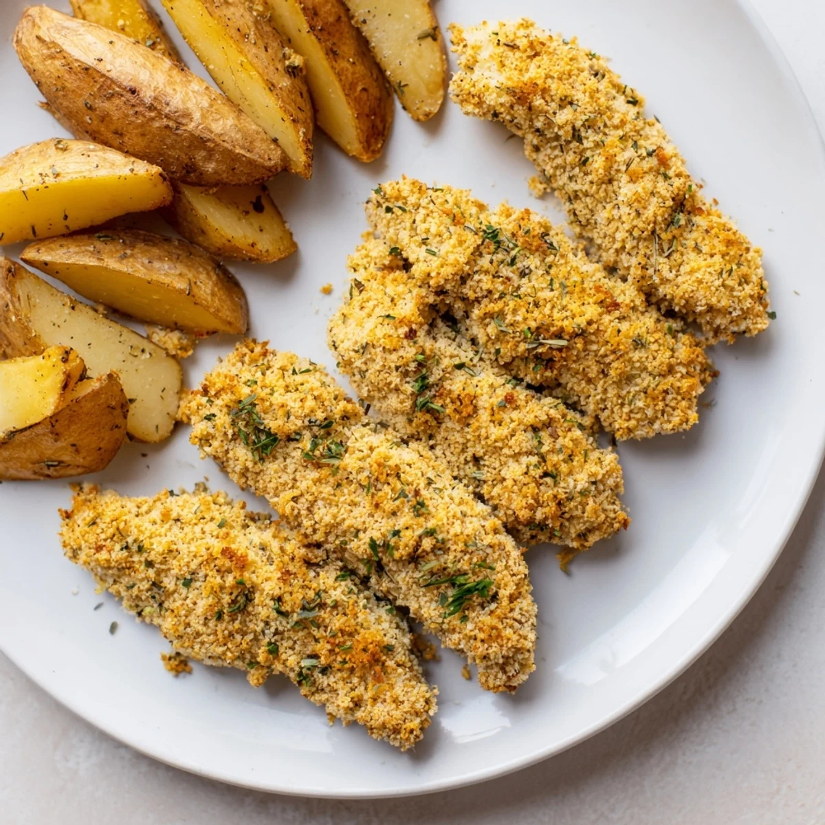 Golden-brown herbed chicken tenders and crispy potato wedges, a flavorful American family meal.