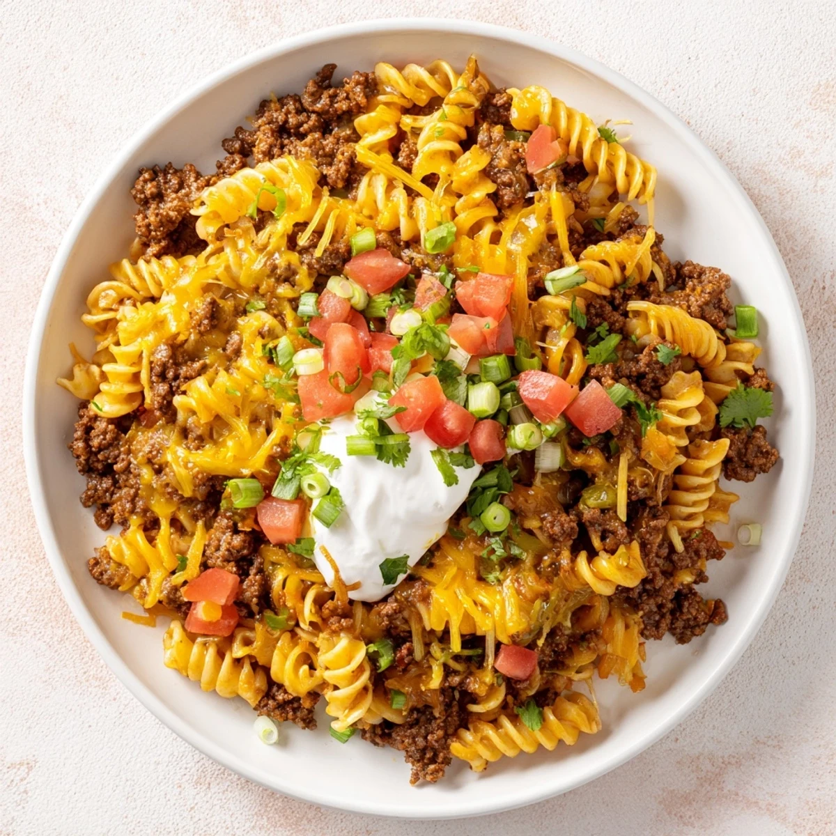 Creamy, cheesy skillet of Cheesy Taco Pasta ready to be served and enjoyed with fresh garnishes.
