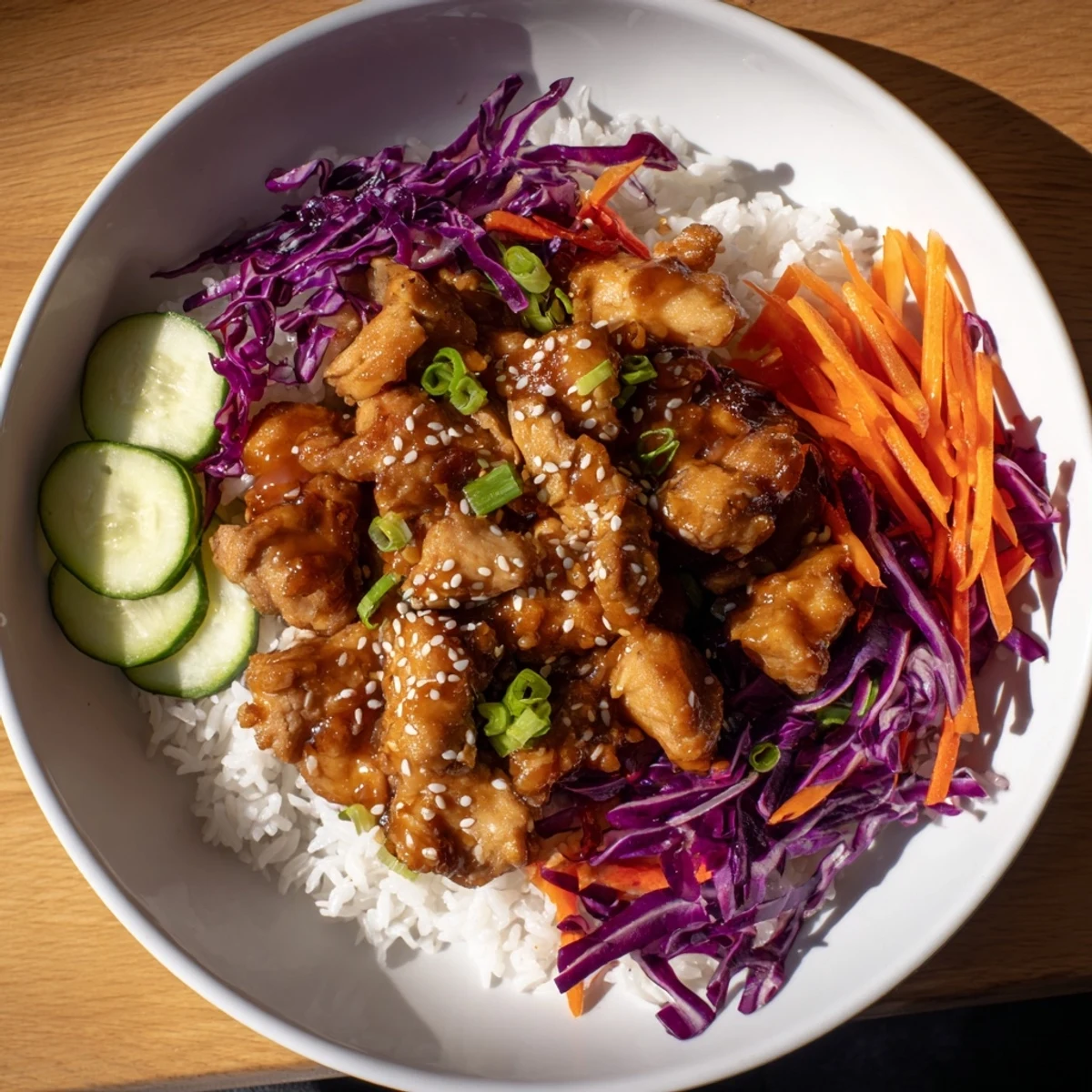 This image shows a beautifully plated Sriracha Honey Chicken Rice Bowl with a glossy, sweet glaze.