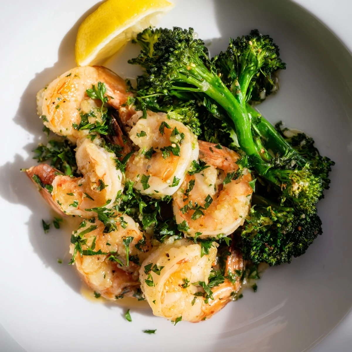 Golden, plump Lemon Butter Shrimp & Broccoli, perfectly cooked, is served with vibrant green broccoli florets.