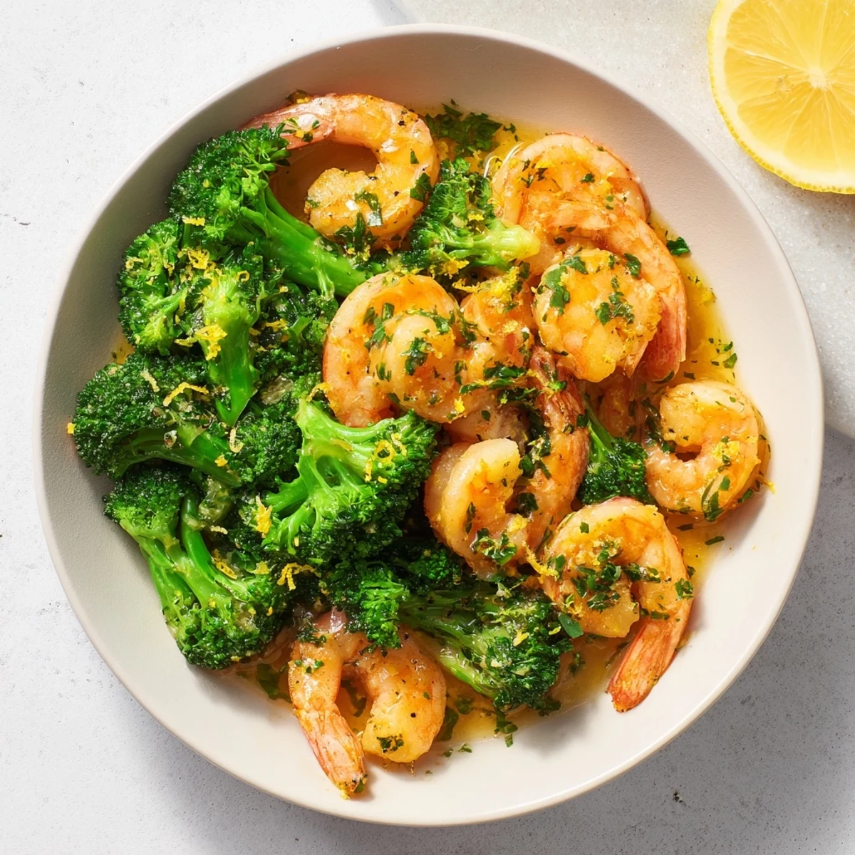 Freshly garnished Lemon Butter Shrimp & Broccoli ready for a quick and simple, flavorful weeknight dinner.