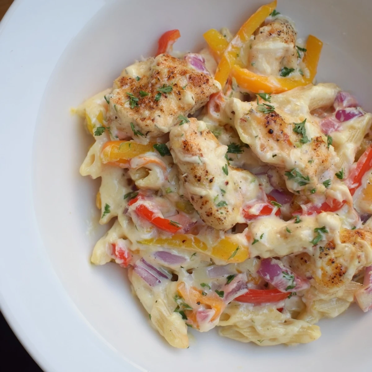 Warm, cheesy Cajun Chicken Pasta Bake bubbling in a baking dish, ready to serve with fresh parsley.