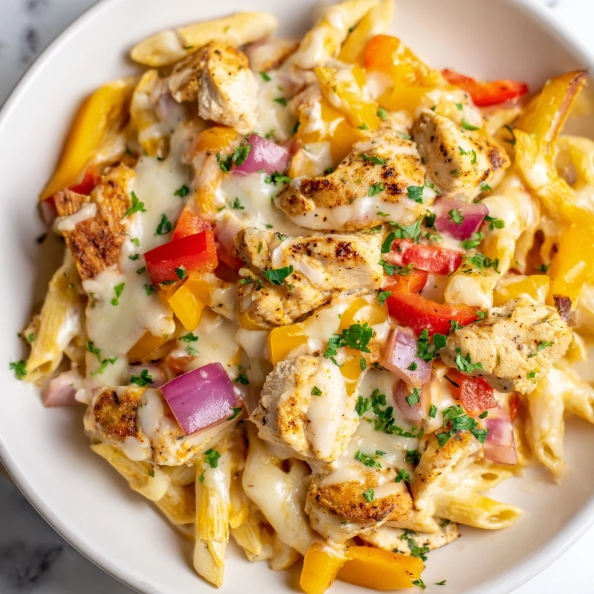 A close-up view of creamy, flavorful Cajun Chicken Pasta Bake, perfectly cooked with a golden crust.