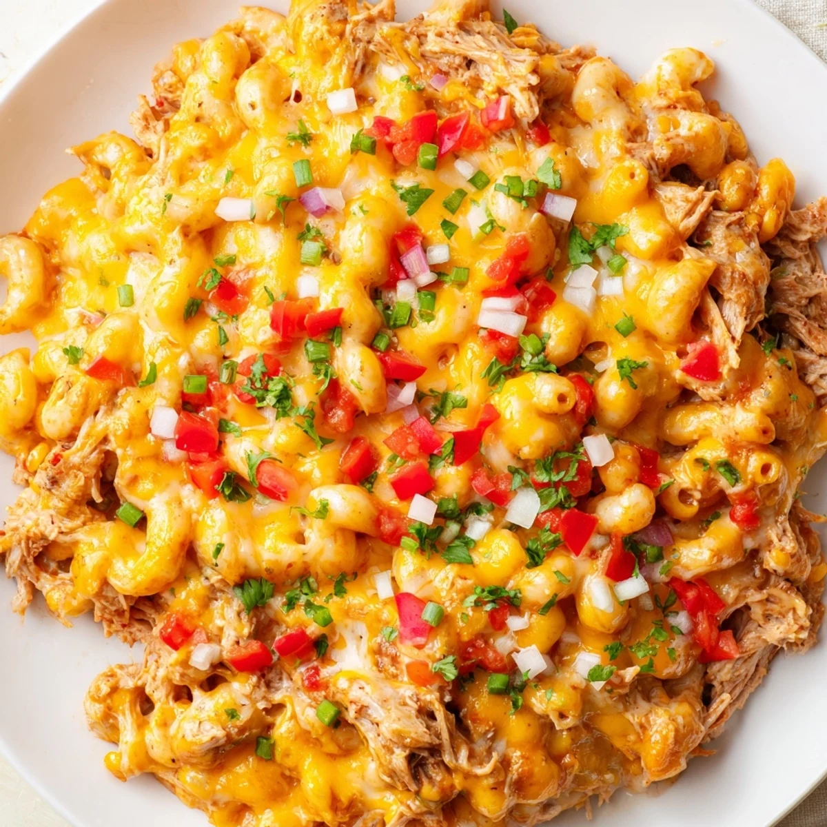 A close-up of a golden BBQ Rib Macaroni Skillet, showing off the perfectly melted mozzarella.