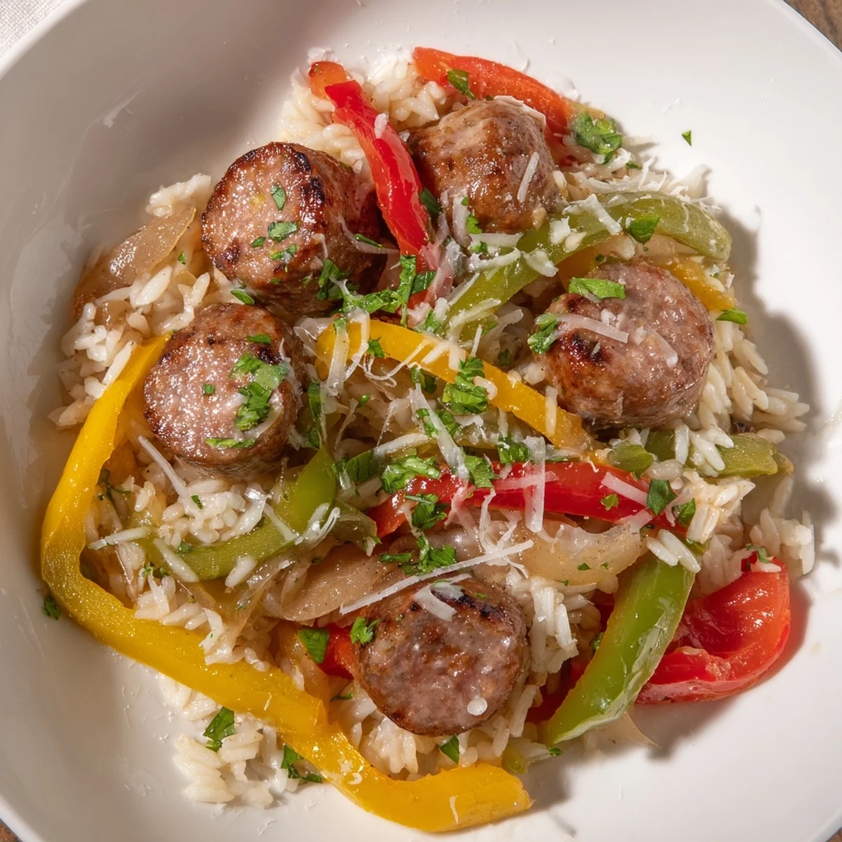 Italian Sausage & Peppers Rice Plate, steaming hot, with colorful peppers and savory sausage, ready to be enjoyed.