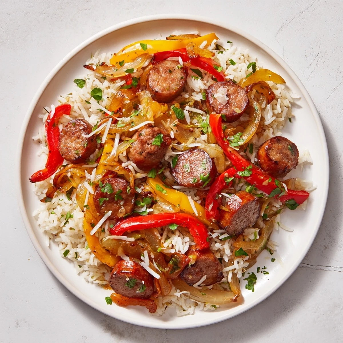 A close-up of the Italian Sausage & Peppers Rice Plate, showcasing fluffy rice and beautifully browned sausage pieces.