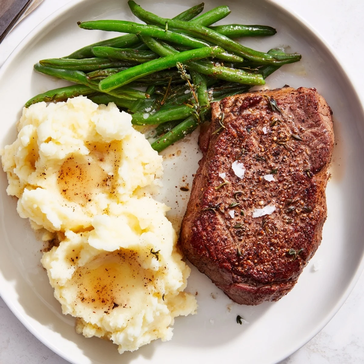 Juicy, perfectly cooked steak complements creamy garlic mashed potatoes in this sheet pan meal.
