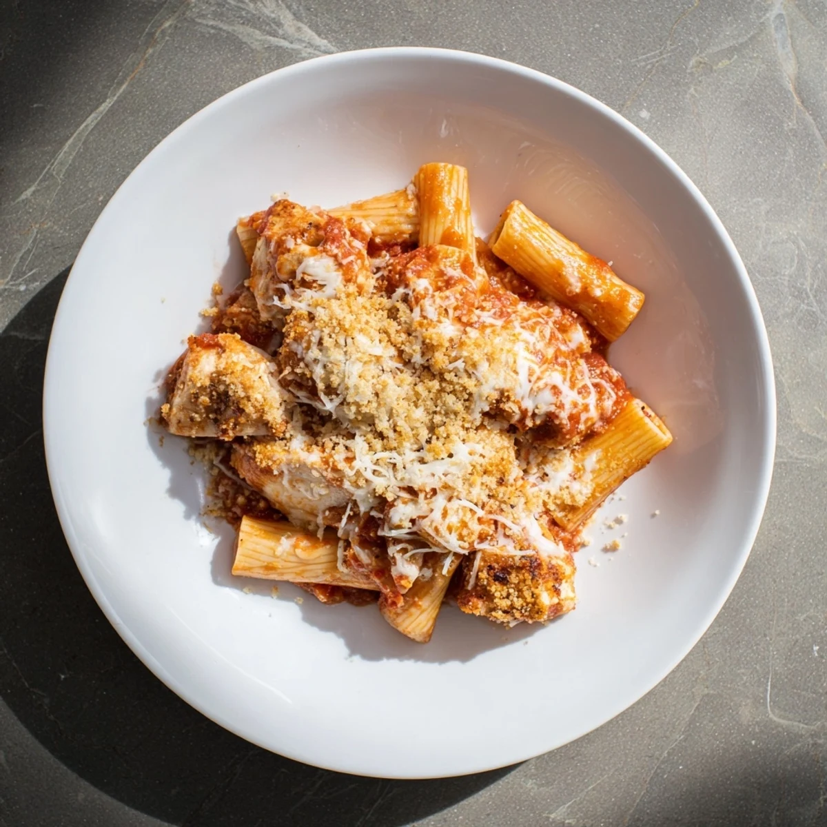 A steaming serving of homemade Baked Chicken Parmesan Pasta, with melted cheese and fresh basil.