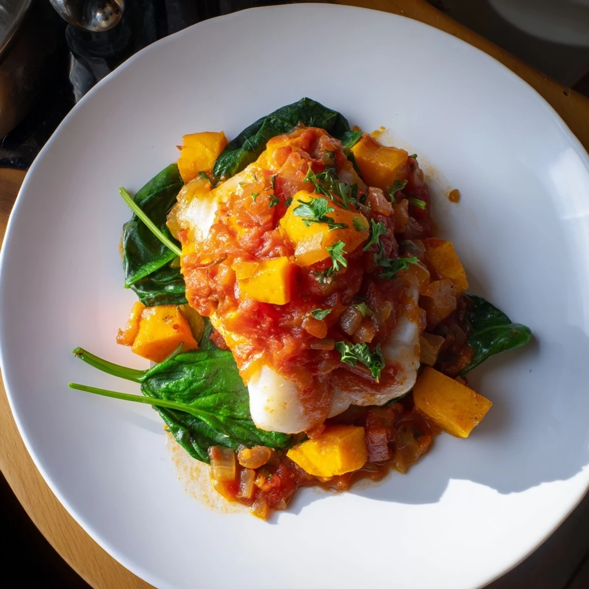Golden baked cod with butternut squash and spinach, all smothered in a rich tomato-herb sauce.