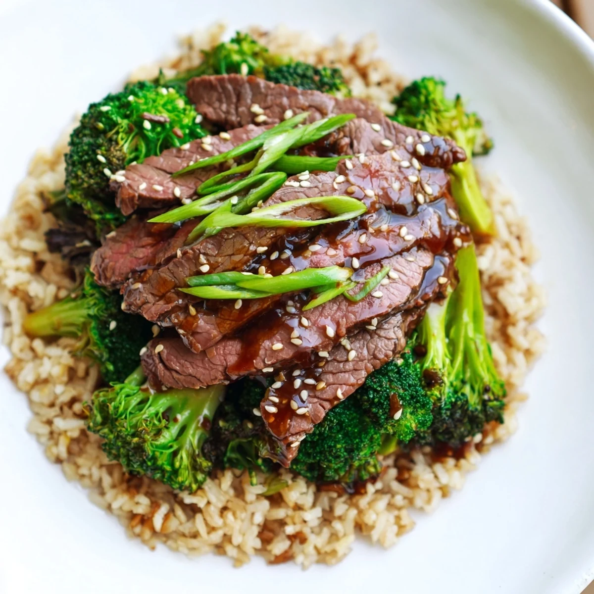 Tender slow-cooker Beef & Broccoli: A visual of savory beef atop fluffy brown rice, vibrant greens.