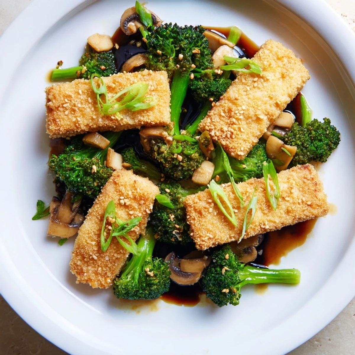 A plant-based culinary masterpiece: Sautéed Tofu Steak served with tender vegetables, ready to eat.