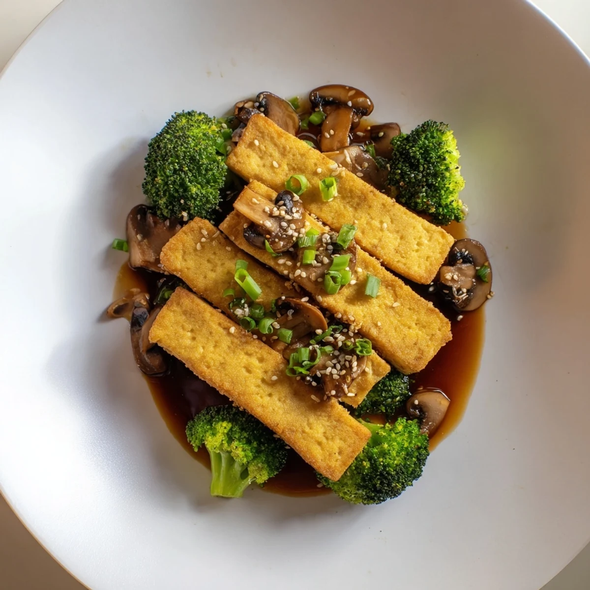 Golden-brown Sautéed Tofu Steak beside vibrant broccoli and mushrooms in a glossy sauce.