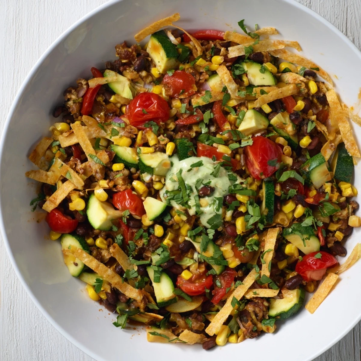 This hearty Veggie-Packed Taco Skillet with avocado yogurt features vibrant cooked vegetables, perfect for a family dinner.