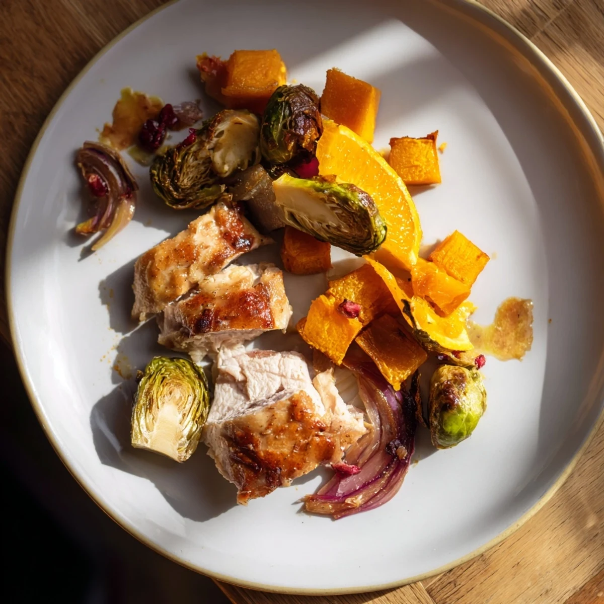 Sheet-pan roasted turkey breast with glistening cranberry glaze, vibrant vegetables ready to serve.