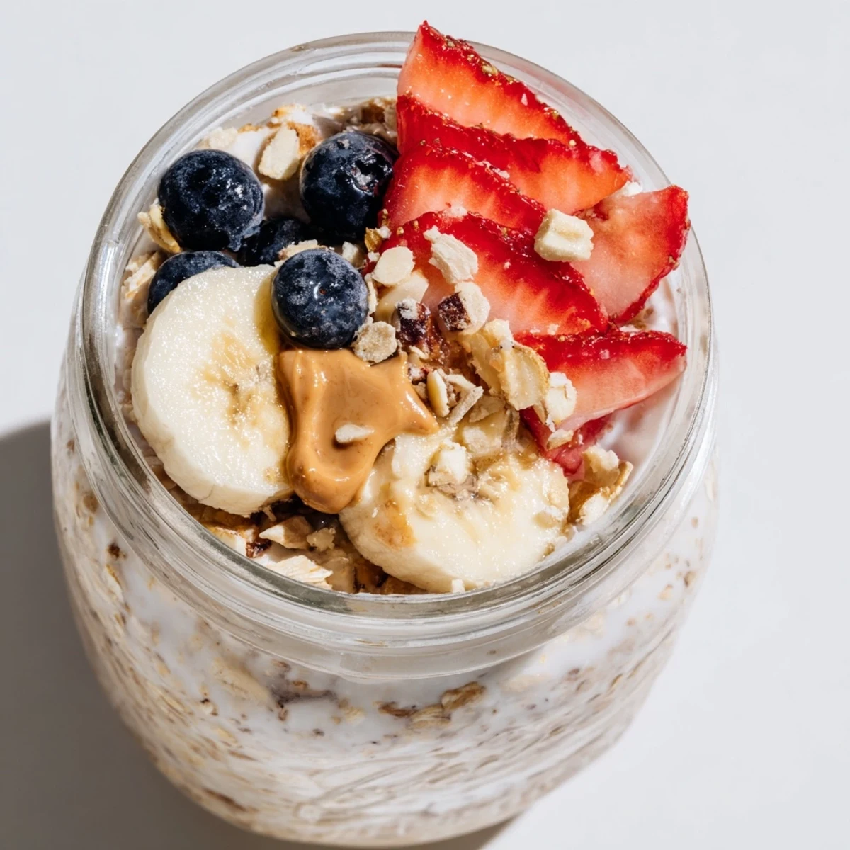 A close-up of colorful Overnight Oats Jars, bursting with fresh berries and peanut butter drizzle.