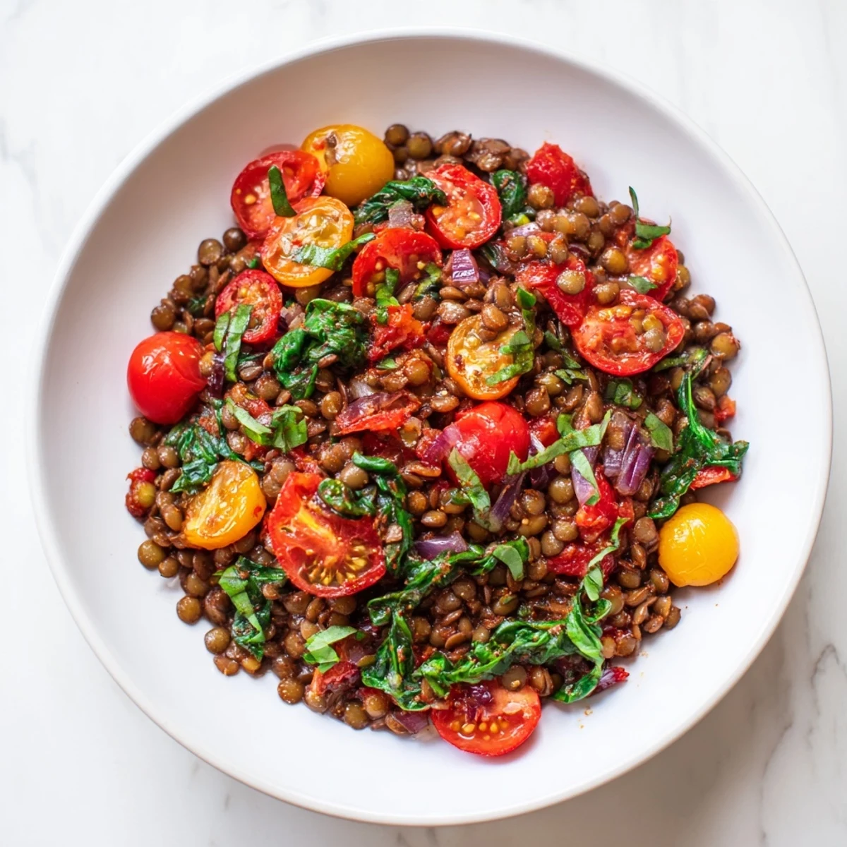 A close-up of a colorful Lentil-Tomato Skillet, showcasing juicy tomatoes and tender, flavorful lentils.
