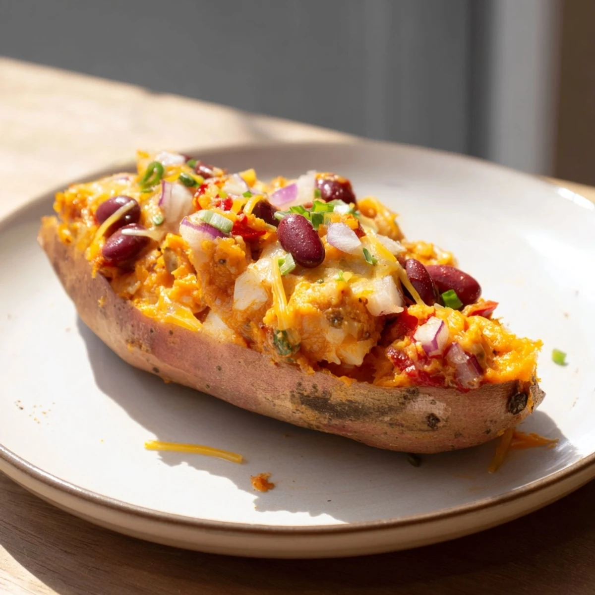 Steaming baked sweet potato stuffed with chili, topped with vibrant green onions, ready to eat.
