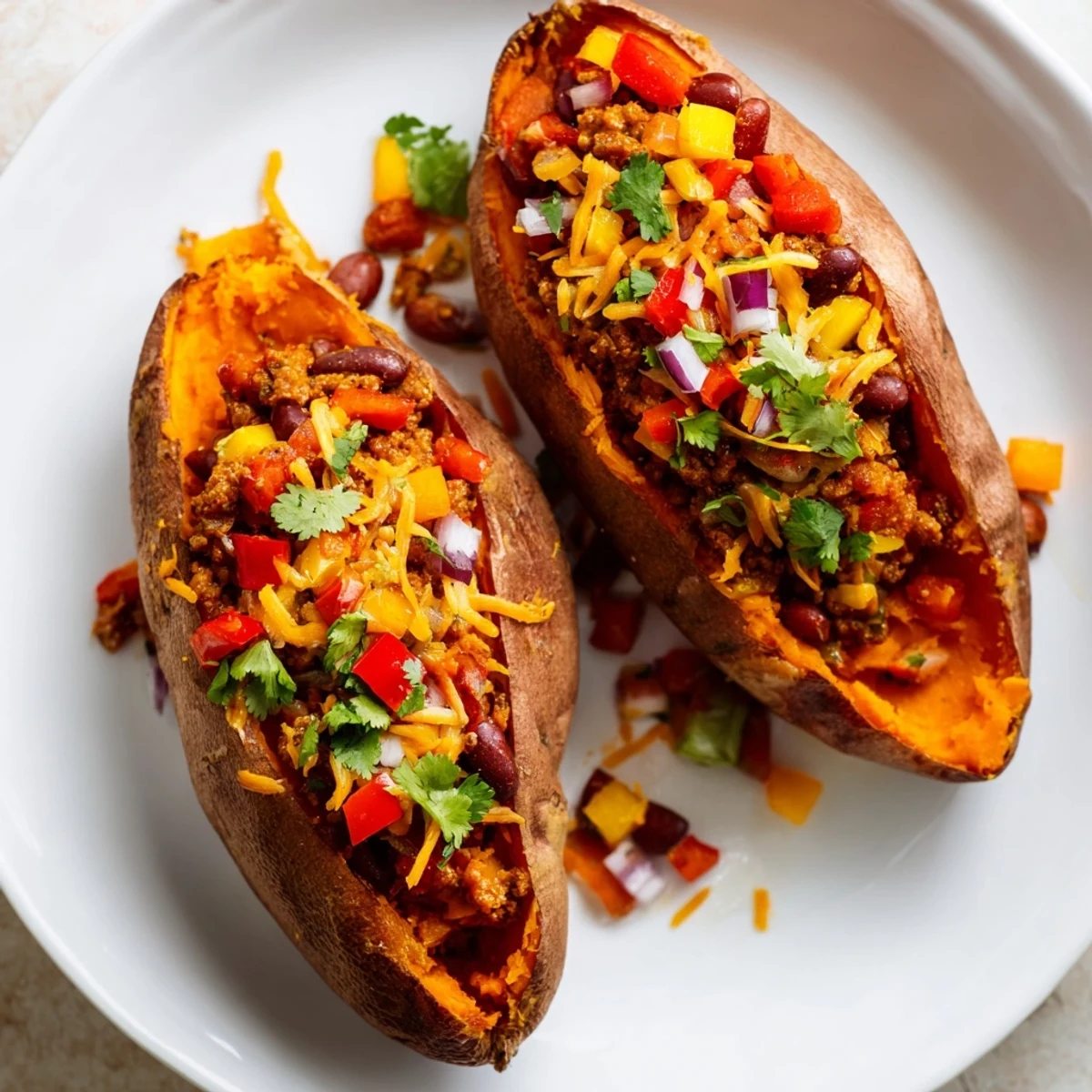 A close-up of a loaded baked sweet potato stuffed with chili, showcasing hearty textures.