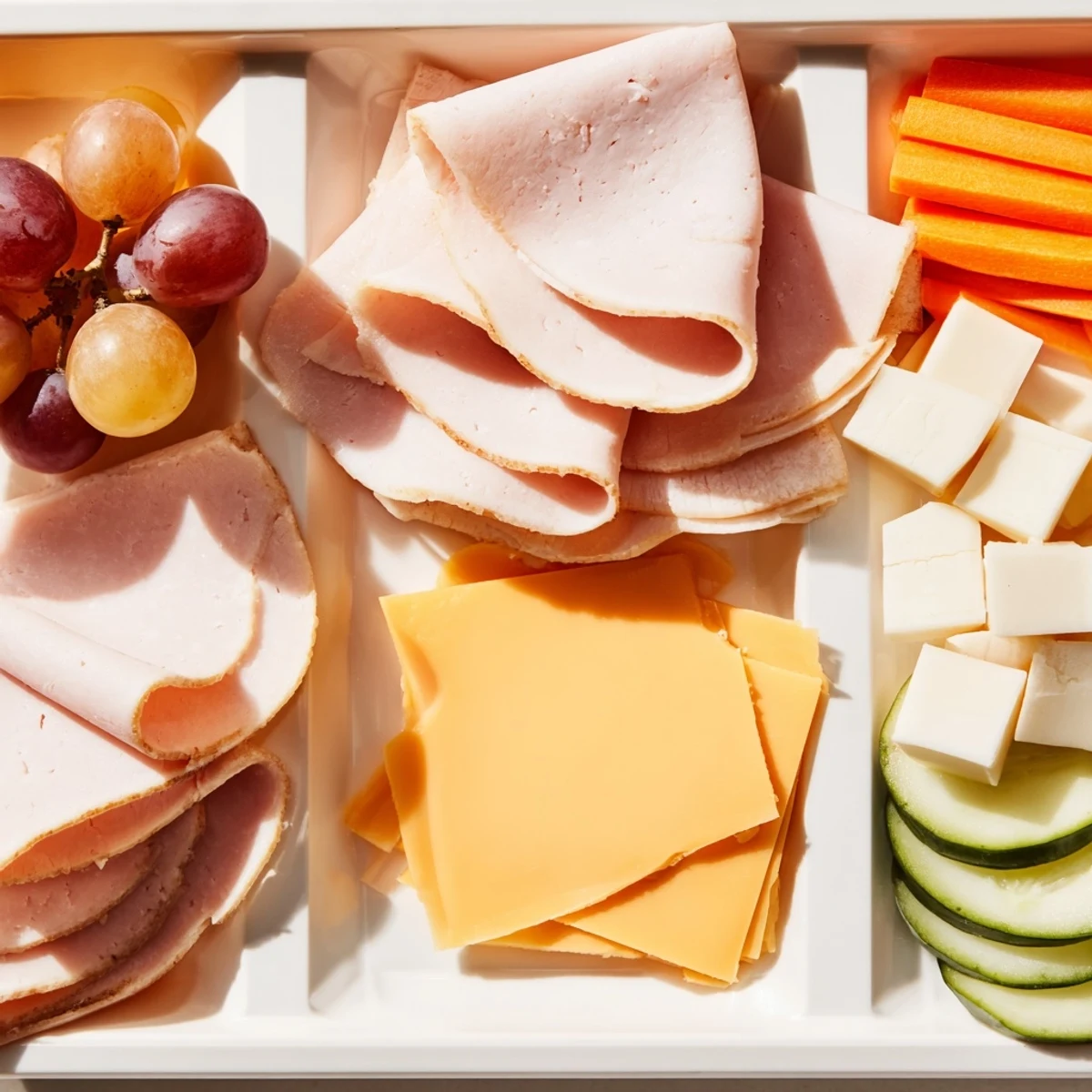 See the prepared DIY Lunchables Tray with sliced meats, cheese, crackers, and crisp veggies ready to eat.