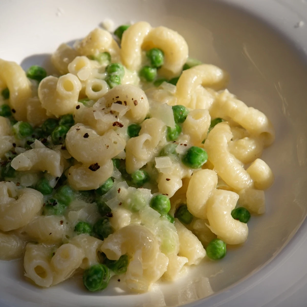 Steaming bowl of Macaroni & Peas, a creamy, comforting dish with parmesan & fresh peas.