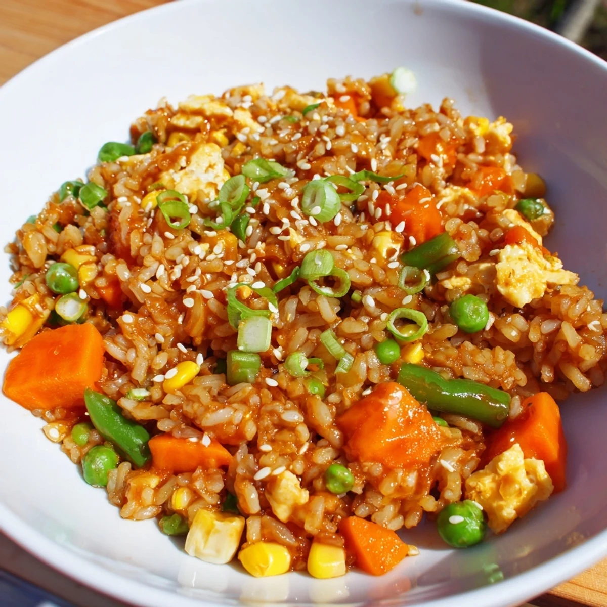 Steaming bowl of delicious frozen veggie fried rice with fluffy egg and rich soy sauce.