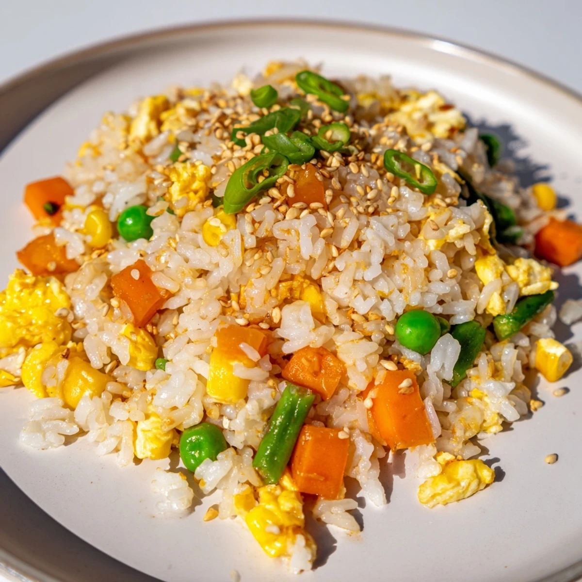 Savory frozen veggie fried rice with colorful vegetables and a drizzle of sesame oil, ready to eat!